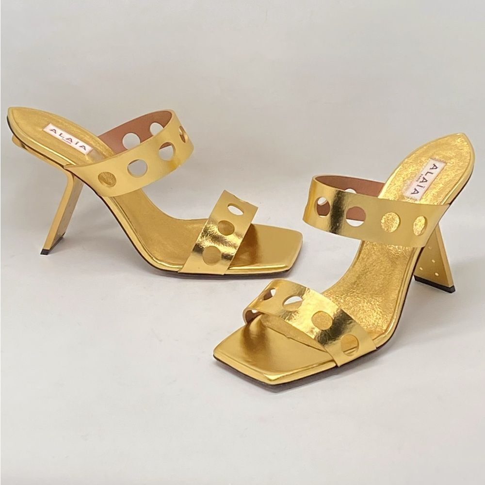 Alaia Perforated Metallic Square Toe Mules Sandal size 40.5